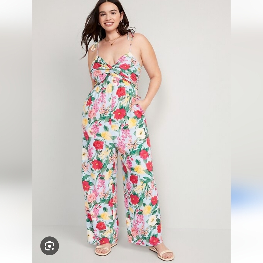 Old Navy Floral Colorful Linen Blend Tie Shoulder Cropped Twist Front Jumpsuit L
